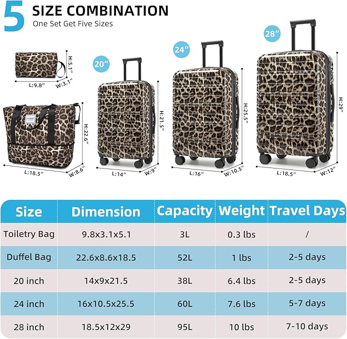 LARVENDER Luggage Sets 5 Piece Hardside Expandable Suitcase with Wheels Lock,PC+ABS Hardside Lightweight Rolling Suitcase for Women and Men,Cheetah