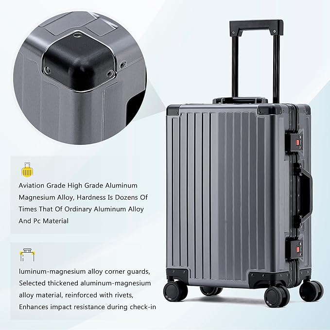 YYW Aluminum Carry-On Luggage Airline Approved Lightweight Suitcase with TSA Lock and Silent Wheels, Hardshell Spinner Business Travel (Gunmetal gray, 20in)