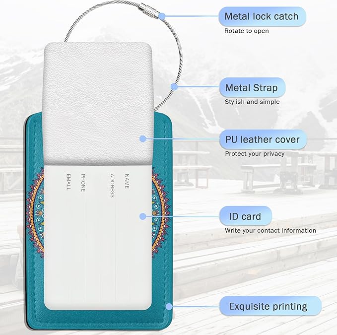 Luggage Tags for Suitcase,Flower Mandala Luggage Tags of Set 2 Leather Identifiers Privacy Cover with Stainless Steel Loop for Women Men Travel Bag Suitcase