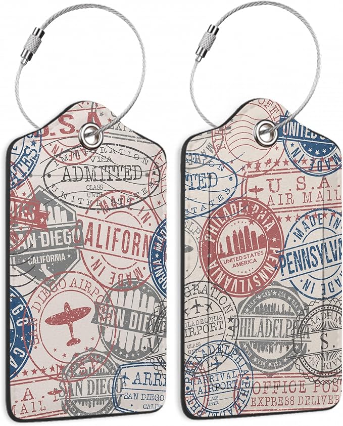 Set of 2 Luggage Tags for Suitcases, Leather Passport Travel Stamps Baggage Tags with Stainless Steel Loop, Privacy Name ID Card Cover Kawaii Travel Labels for Women Men Kids Girls