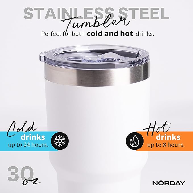 NORDAY | Tumbler with Lid - 30oz - White Insulated Tumbler - Stainless Steel Tumblers - Double Wall Vacuum Insulated Travel Coffee Mug for Car Cup Holder - Keeps Temperature for 24hr - Anti Spill Lid