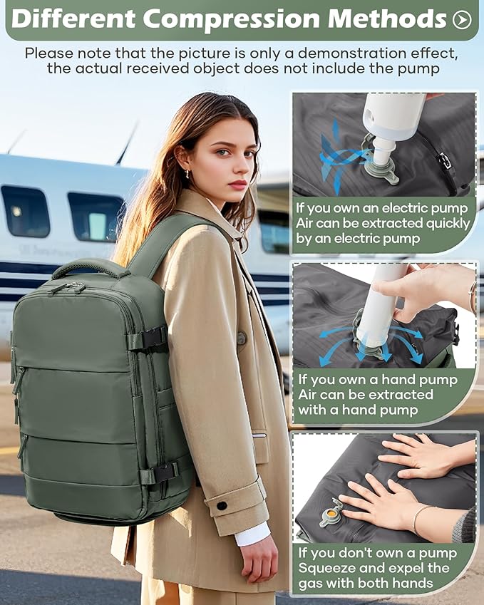 Vacuum Backpack Travel Laptop Backpacks For Women Men Carry On Backpack With Vacuum Compression Bags Seal Packing Personal Item Travel Bag Vacpack Backpacks Without Pump Olive Green