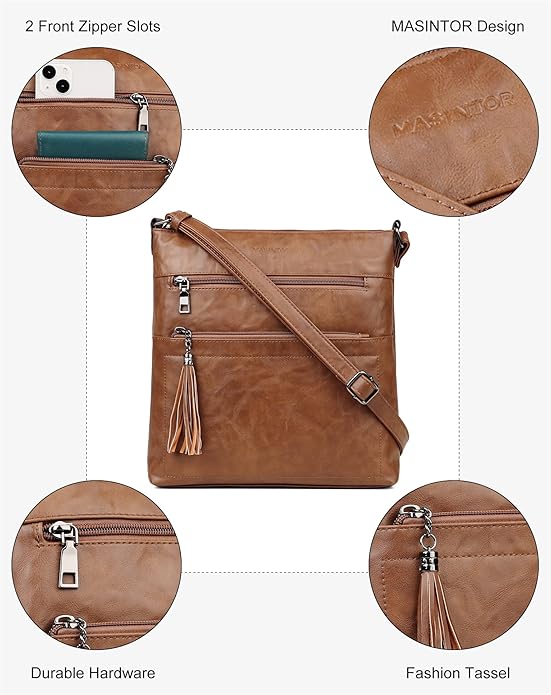 MASINTOR Crossbody Purses for Women, Multi Pocket Casual Crossbody Bag, Adjustable Strap Shoulder Bag with Tassel