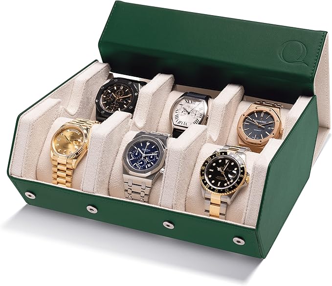 Napa Leather Watch Case for Men - Watch Roll Storage Organizer & Watch Display - Six Slot Luxury Watch Box for Home or Travel - Mens 6 Watch Holder Case (Green Cream)