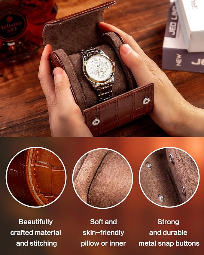 MR.OKAY Single Watch Travel Case-Classic Leather Watch Case With Superb Texture.(Portable Watch Roll Or Organizer For Storage And Display).Festival Gift For Men,All Handcrafted By Artisans.