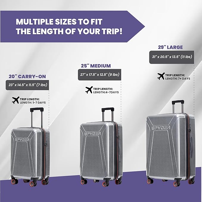 Spyder Traverse 3 Piece Luggage Set, 360° Spinner Wheels, TSA Approved Lock, (20 Inch Carry On, 25 Inch Medium, 29 Inch Large), Silver
