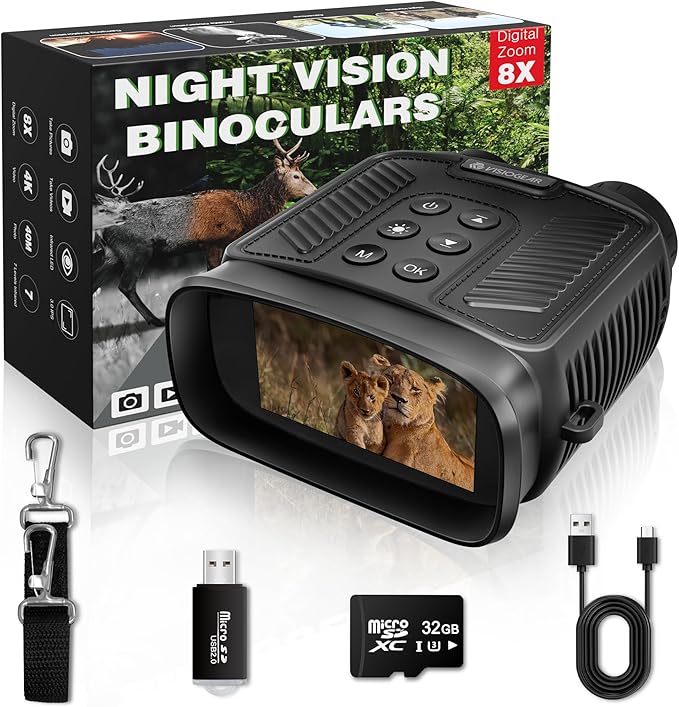 Night Vision Goggles - NOVA 4K Night Vision Binoculars for Adults, 3“ HD Screen Binoculars with 7 Levels Infrared 32GB Card Included Perfect for Camping & Security, Black