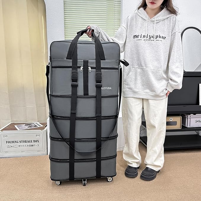 Expandable Foldable Luggage, 42'' Suitcase With Spinner Wheels, Rolling Duffle Bag with Wheels and Handle, Collapsible Luggage, With 2 Handle Wrap and 2 Fixing Straps, 1 Shoulder Strap (Grey)