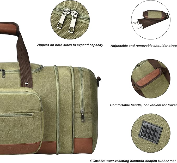 Litvyak Duffle Bag for Travel, Canvas Travel Duffel Bags Overnight Weekend Gym Carry On Luggage Bag for Men & Women (Army Green+Toiletry Bag, 50L)