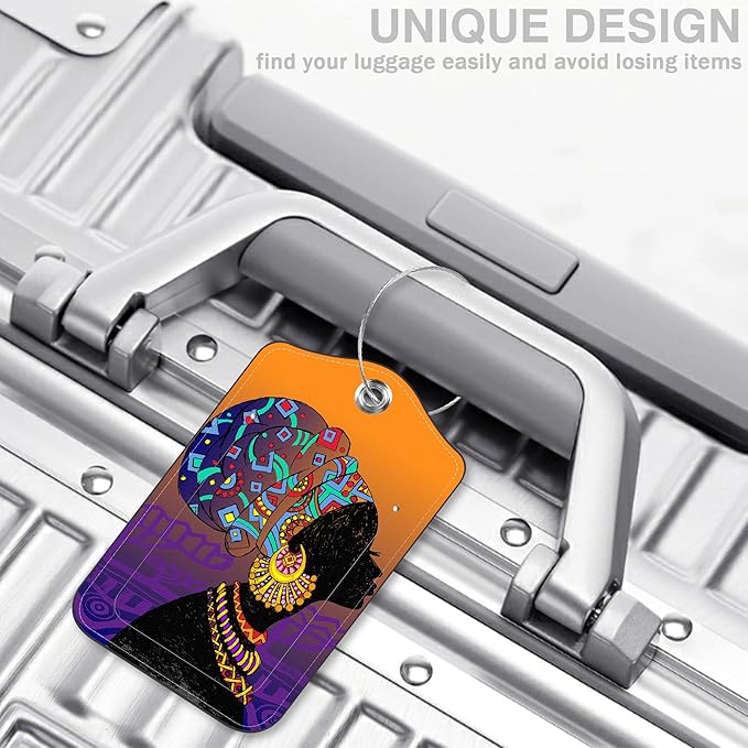 Set of 2 Luggage Tags for Suitcases Silhouette of African Woman Leather Suitcase Tags Identifiers with Privacy Name Address Label and Stainless Steel Loop for Women Men Travel Luggage Accessories