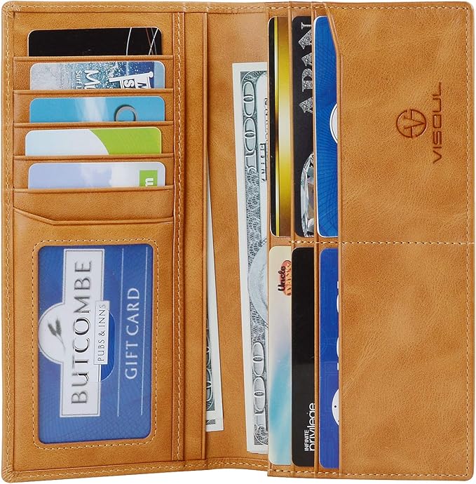 VISOUL Mens Leather Long Checkbook Bifold Wallets with RFID Blocking, Breast Pocket Tall Billfold Secretary Wallet for Men with Card Slots (Tan)