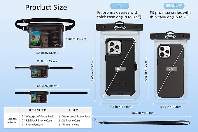 AiRunTech Waterproof Phone Pouch, Cruise Essentials 4-Piece Set, Beach Vacation Kayak Cruise Accessories Must Haves, Waterproof Bag for Travel with Phone Lanyard (2 Phone Cases + 2 Fanny Packs)