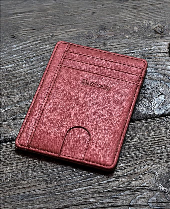 Buffway Slim Minimalist Front Pocket RFID Blocking Leather Wallets for Men and Women - Sand Rose Gold