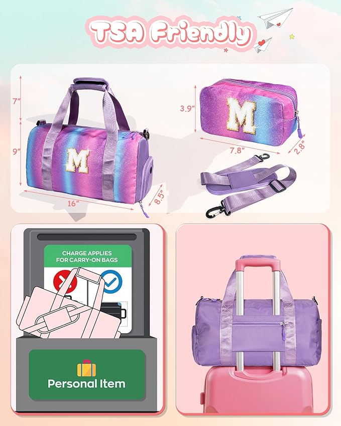Girly Girl Stuff-Girl Gym Bag with Shoe Compartment, Kid Personalized Weekender Overnight Bags, Initial Travel Tote with Makeup Pouch, Easter Gift 5 6 7 8 9 10 Year Old (Letter N)