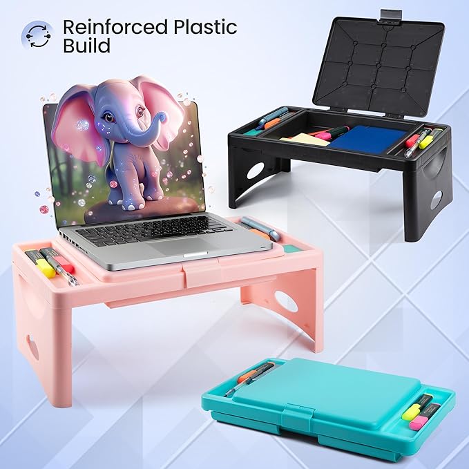 Loddie Doddie Folding Lap Desk & Bed Table - 9.75 x 12 in Black Sturdy Plastic - Portable Desk for Bed with Storage Pocket & Accessory Trays - Laptop Tray & Lap Table for Kids