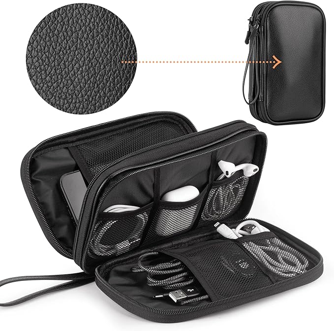 Leather Travel Electronic Organizer - Double Layer, Waterproof Case for Cables, Chargers, Phones & More - Portable, Shockproof Pouch for All Your Electronics Accessories (Black, M)