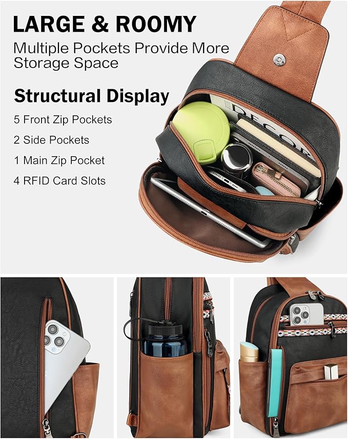 FADEON Large Sling Bag for Women, Leather Crossbody Purse Designer Anti Theft Sling Backpack, RFID Fanny Packs for Travel