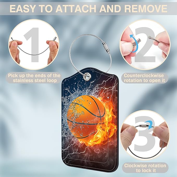 Basketball on Fire Set of 2 Luggage Tags for Suitcases Leather Suitcase Tags Identifiers with Privacy Name Address Label and Stainless Steel Loop for Women Men Travel Luggage Accessories