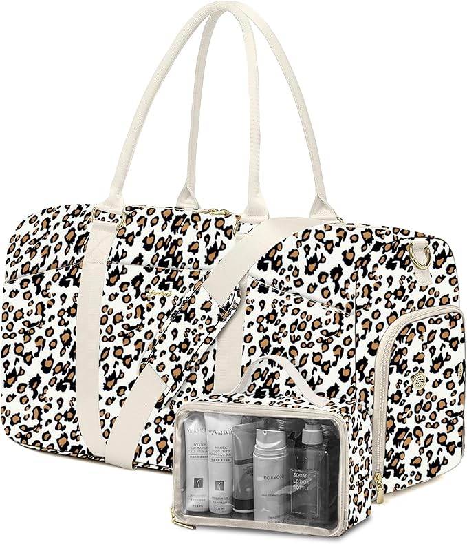 Women Duffle Weekender Travel Bag: Large Duffel Bags with Shoe Compartment Carry On Overnight Tote Bag with Wet Pocket Toiletry Bag Traveling Weekend Gym Yoga Hospital Bags for Womens Leopard