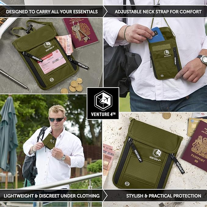 VENTURE 4TH Passport Holder Neck Wallet with RFID Blocking Nylon Lining - Hidden Neck Pouch for Travel (Green)