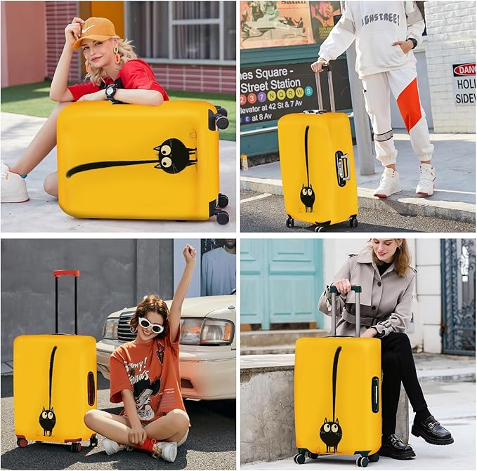 ANNA QUEEN Cute Black Cat Luggage Cover, Whimsical Cat Design with Long Tail, Stretchable, Washable Travel Protector for 20-22 Inch Luggage