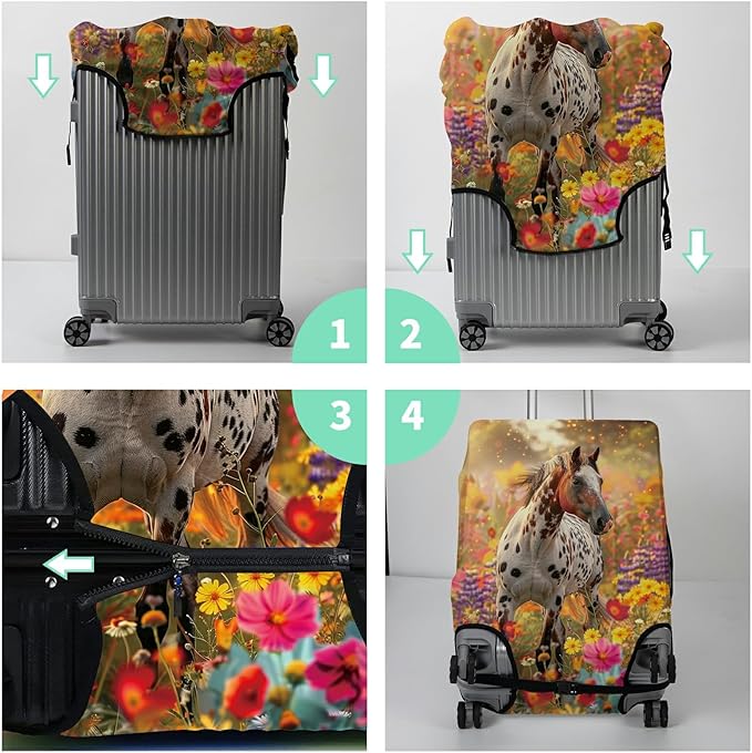 Luggage Cover + Tag, Spotted Horse Garden Travel Suitcase Protector for 24 inch Luggage (M) with Concealed Zipper, Washable Elastic Cloth, Dustproof, Anti-Scratch