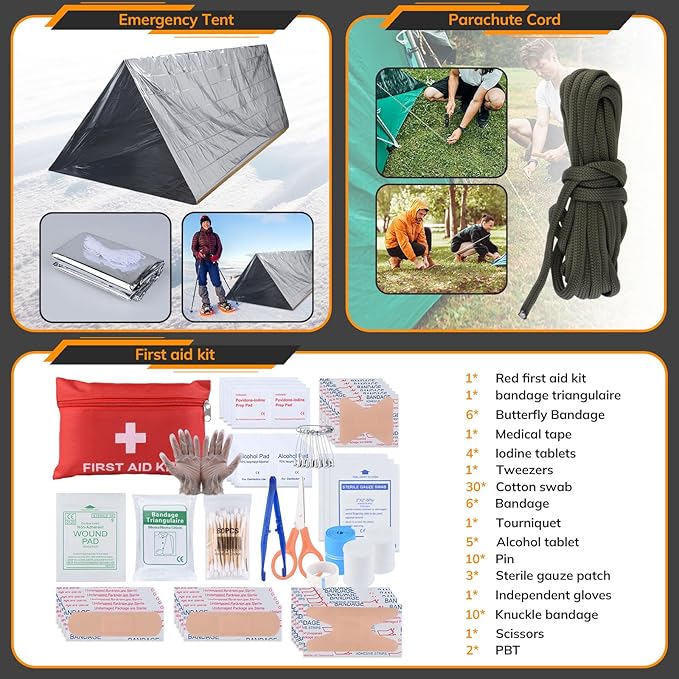 Survival Kit, 250pcs Survival Tools Tactical Gear and Trauma Bag, Survival First Aid Kit with Molle Crossbody Bag & Emergency Tent for Earthquake, Bug Out, Outdoor Adventure, Gifts for Christmas Men