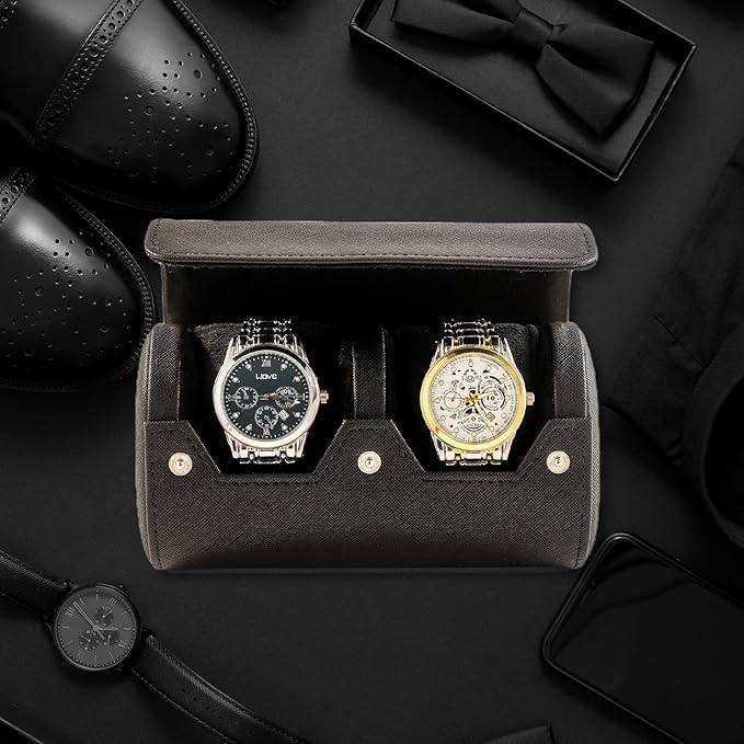 MR.OKAY 2 Watch Travel Case- Classic Leather Watch Case With Perfect Texture.Portable Watch Roll Or Organizer For Storage And Display. Luxury Gifts For Men, All Handmade by Artisans.