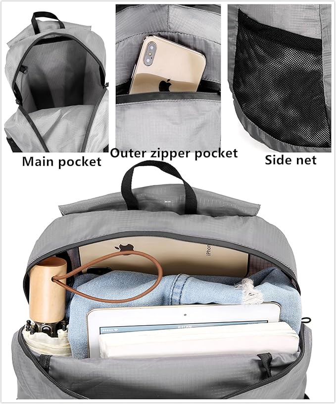 Small Foldable Hiking Daypack Packble Skin Casual Backpack Camping Cycling Travel Outdoor Day Bags Useful (Gray)