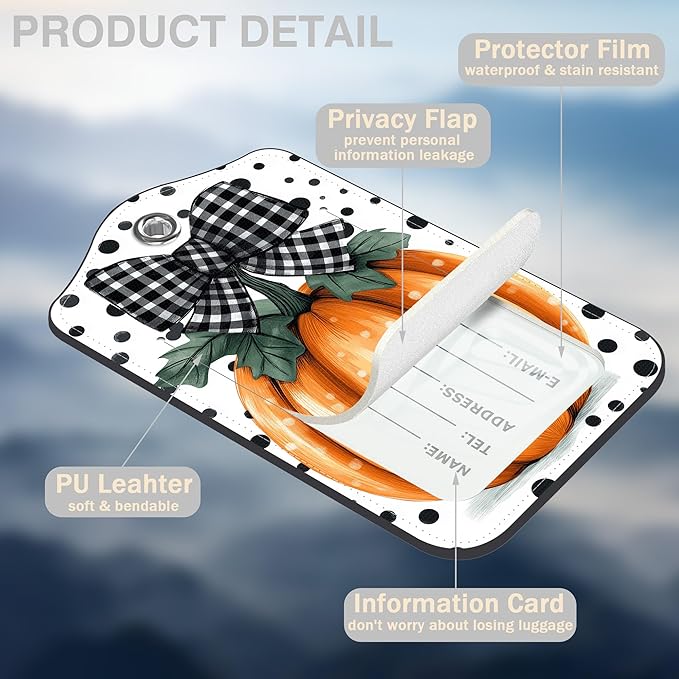 2 Pcs Pumpkin with Checkered Bow Luggage Tags for Suitcases Polka Dots PU Leather Baggage Tags Name ID Label with Privacy Cover and Stainless Steel Loop for Men Women Travel Bag Suitcase