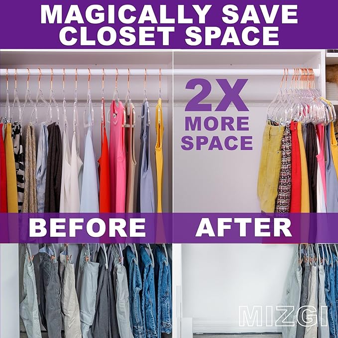 MIZGI Premium Clear Invisible Acrylic Hangers,Crystal Plastic Hangers with Bling Rose Gold Glitter 50 Pack Ultra Slim & Space Saving Suit Hangers for Coats, Pants & Dress Clothes
