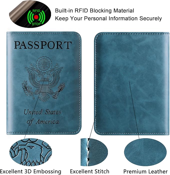 Passport Holder Cover Wallet Travel Essentials Leather Rfid Blocking Case Vacation Luggage Must Haves Travel Accessories for Men Women (116#Blue)