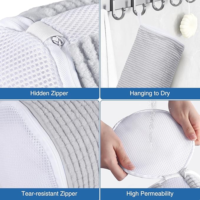 Shoe Laundry Bags for Washing Machine, 2024 New Reusable Laundry Shoe Bag for Washer and Dryer, Fluffy Fibers 360° Wrap-Around Cleaning, 2 Pairs Adjustable Shoe Trees for All Shoes, ‎Gray