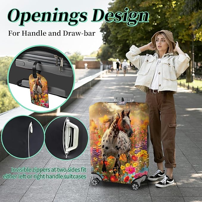 Luggage Cover + Tag, Spotted Horse Garden Travel Suitcase Protector for 24 inch Luggage (M) with Concealed Zipper, Washable Elastic Cloth, Dustproof, Anti-Scratch