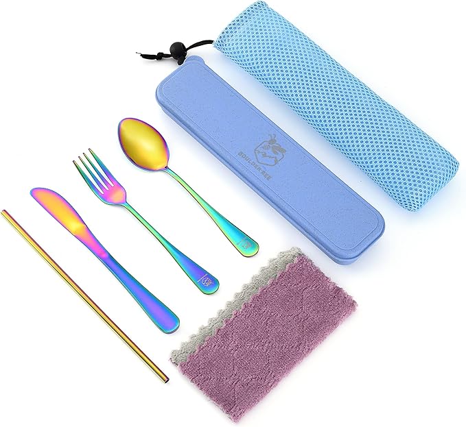 Boulder Bee | Travel Utensils Set | Reusable Camping Cutlery Set | Stainless Steel Flatware Set | Portable Silverware Set with Case | Includes Knife/Fork/Spoon/Straw/Cleaning Cloth/Case (Rainbow)
