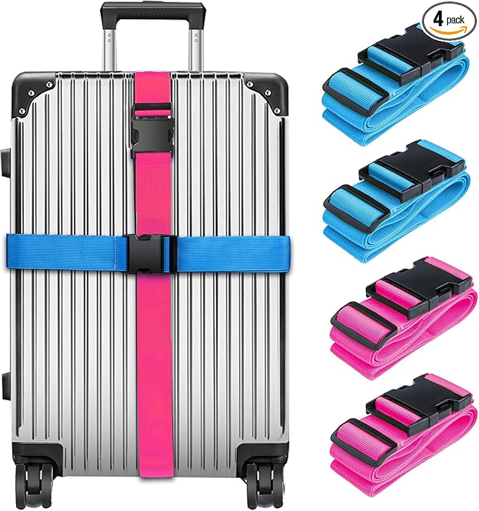 Luggage Straps for Suitcases TSA Approved, Travel Belt Suitcase Belt, Suitcase Straps TSA Approved, Luggage Belt Strap TSA Approved, Travel Straps for Luggage, 4Pcs Luggage Band, Bule & Pink