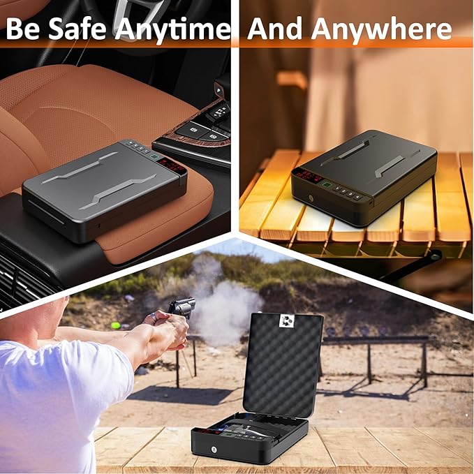 Portable Gun Pistol Safe with LCD Display of Temp,Humidity,Biometric Fingerprint,Keypad Lock,Key,Biometric Handgun Safe for Travel/Home/Car/Nightstand Beside (Black)
