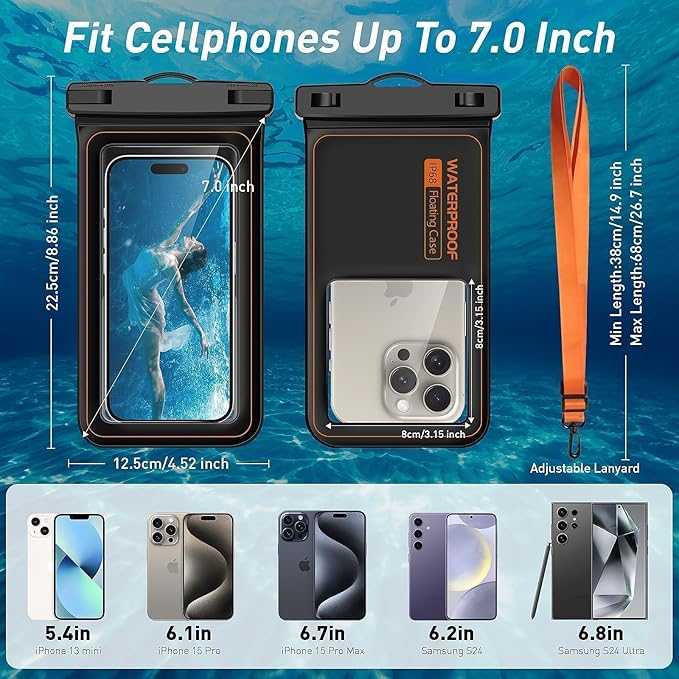 Marine IP68 Universal Waterproof Phone Pouch, Floating Waterproof Phone Case for Cellphone Up to 7", Beach Accessories for Vacation Must Haves, 2 Pack-Black/Hi-Vis Orange