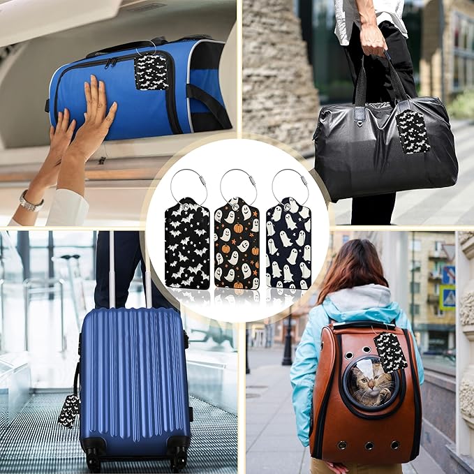 3 Pack PU Leahter Happy Halloween Luggage Tag with Stainless Steel Loop,Travel Suitcase Labels with Privacy Cover ID Label Quickly Spot for Bags