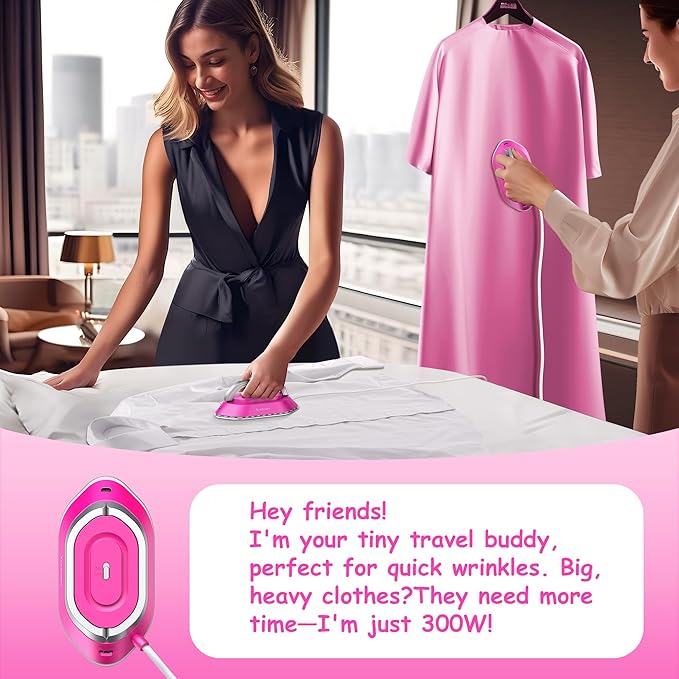 Newbealer Travel Iron with Dual Voltage - 120V/220V Lightweight Dry Iron for Clothes (No Steam), Non-Stick Ceramic Soleplate, 302℉ Heat Press Machine, w/Spray Bottle, Pouch & Silicone Stand (Hotpink)