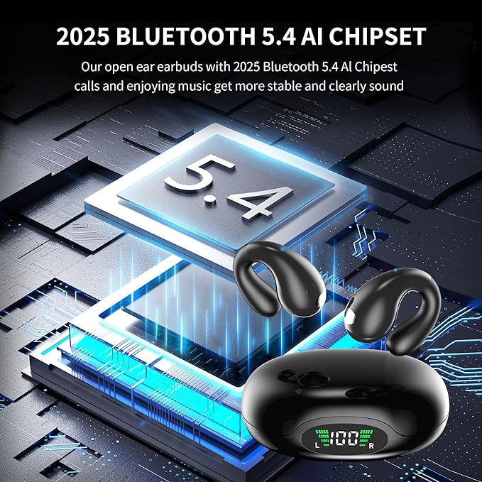 Open Ear Earbuds Wireless Bluetooth 5.4 Earphones, Flexible Clip On Ear buds with 36H Playtime LED Display Bone Conduction Headphones, IPX7 Waterproof Light Weight Earbuds Fit for Every Ear, Sports