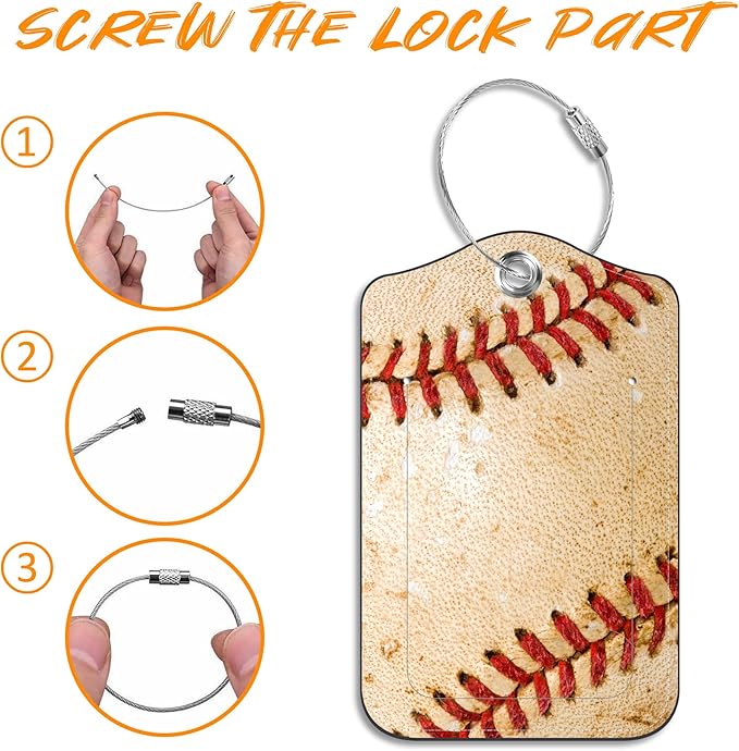 Luggage Tags for Suitcase Baseball 2 PCS Leather Travel Luggage Tag with Stainless Steel Loop Name ID Label Privacy Cover for Women Men Travel