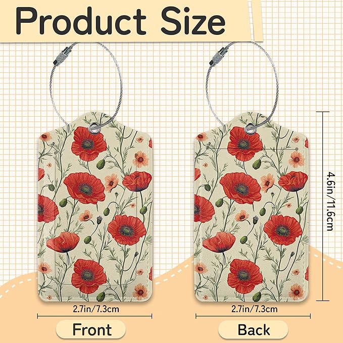 3 PCS Red Poppy Flower Luggage Tags,Suitcase Tags Privacy Cover ID Label with Stainless Steel Loop and Address Card for Travel Bag Suitcase