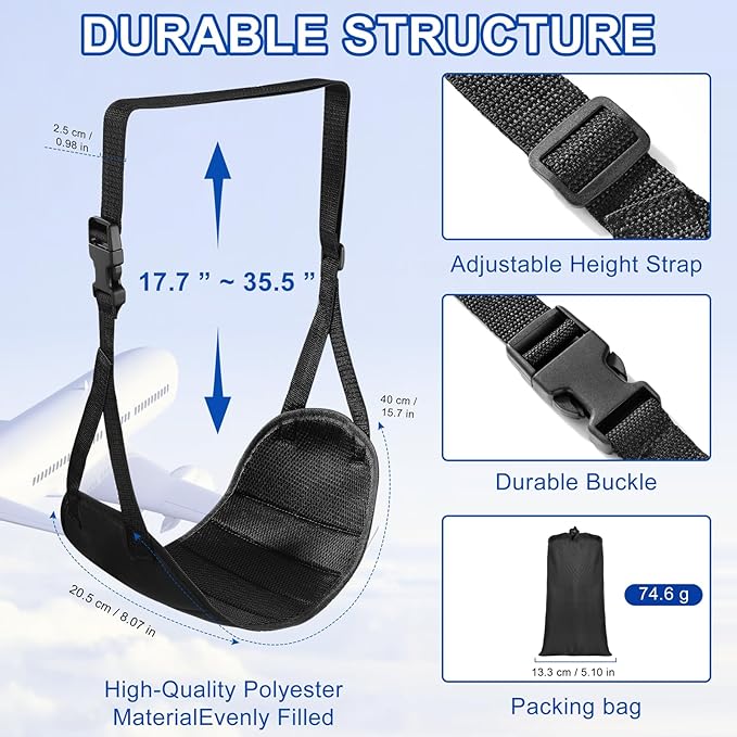 Airplane Footrest Hammock, Foot Hammock for Plane Travel, Portable Height Adjustable Travel Footrest Hammock Accessories, Lightweight Foot Hammock Suitable for Offices, Cars, and Airplanes
