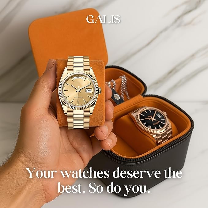 Galis Luxury Watch Case for Men High End Portable 2-Slot Watch Holder and Watch Case for Travel, Premium Watch Box for Men, Jewelry Storage Organizer, Gift for Him, Fathers, Husband (Black & Orange)
