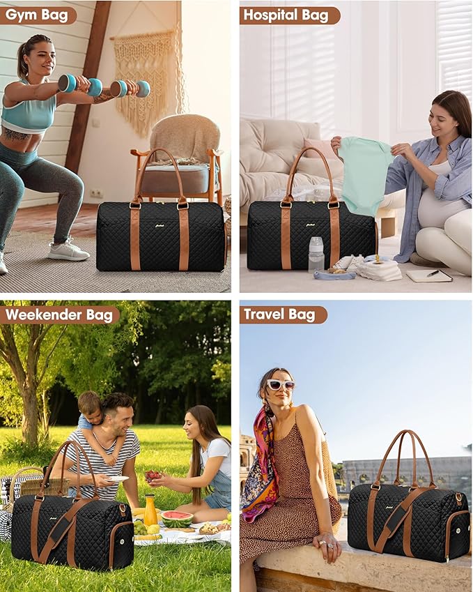 Women Duffle Weekender Travel Bag: Large Duffel Bags with Shoe Compartment Carry On Overnight Tote with Wet Pocket Traveling Weekend Gym Yoga Hospital Bag for Womens Black Brown