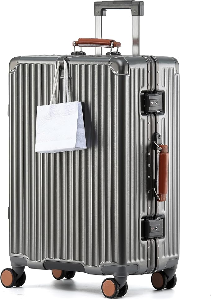 HotWay 24 Inch Hardside Checked Luggage with Leather Handle, PC Zipperless Suitcase with Spinner Wheels and TSA Locks, Lightweight Checked Luggage for Travel, Grey