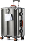 HotWay 26 Inch Hardside Checked Luggage with Leather Handle, PC Zipperless Suitcase with Spinner Wheels and TSA Locks, Lightweight Checked Luggage for Travel, Grey