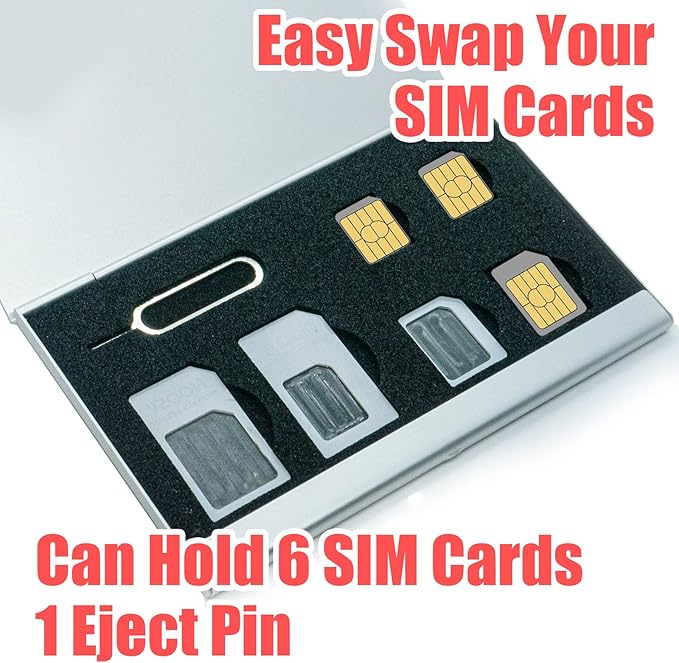 Aluminum SIM Card Case, 6Slots Ultrathin SIM Card Holder with SIM Card Adapter Kit for Travelers or Holiday Trip (6SIM+Silver)