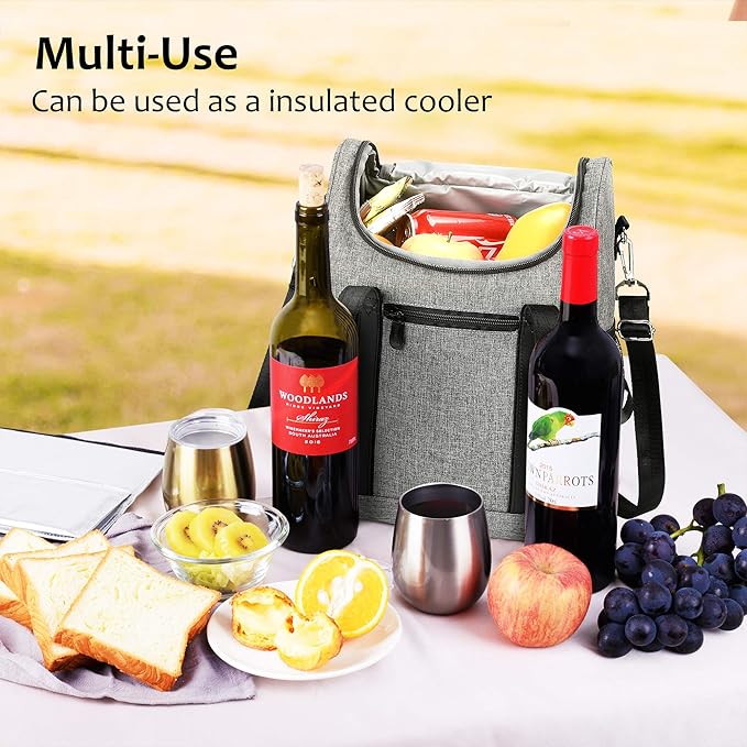 Tirrinia 6 Bottle Wine Cooler Bag - Insulated & Padded Versatile Wine Gift Carrier Tote Bag for Travel, BYOB Restaurant, Wine Tasting, Party, Best Gift for Wine Lover, Grey